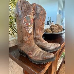 Johnny Ringo Women's Skull Embroidered Leather Cowboy Boots Size 8